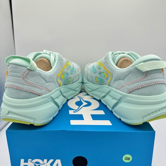 NWT Hoka Clifton Leather Embroidery UNISEX Shoes blue glass radiant yellow NEW - Picture 7 of 16